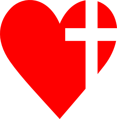 Large, red heart with a white cross overlapping the right side